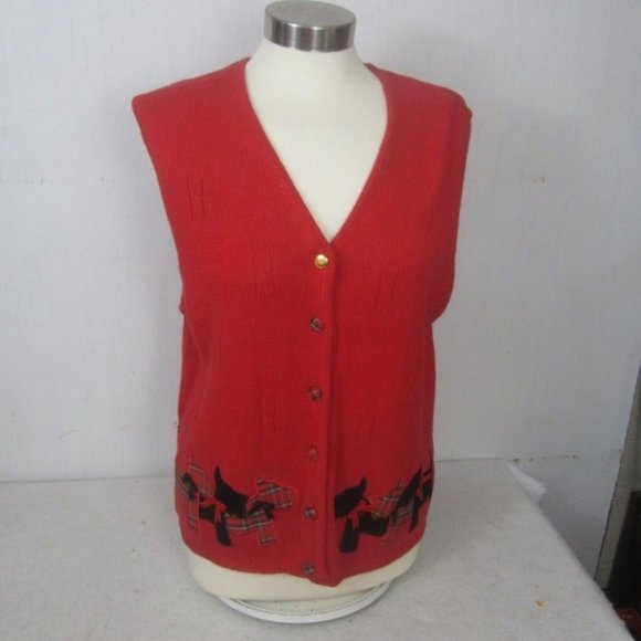 Marisa Christina vintage Women ugly Christmas Sweater Scottie Dog button vest L - Picture 3 of 10